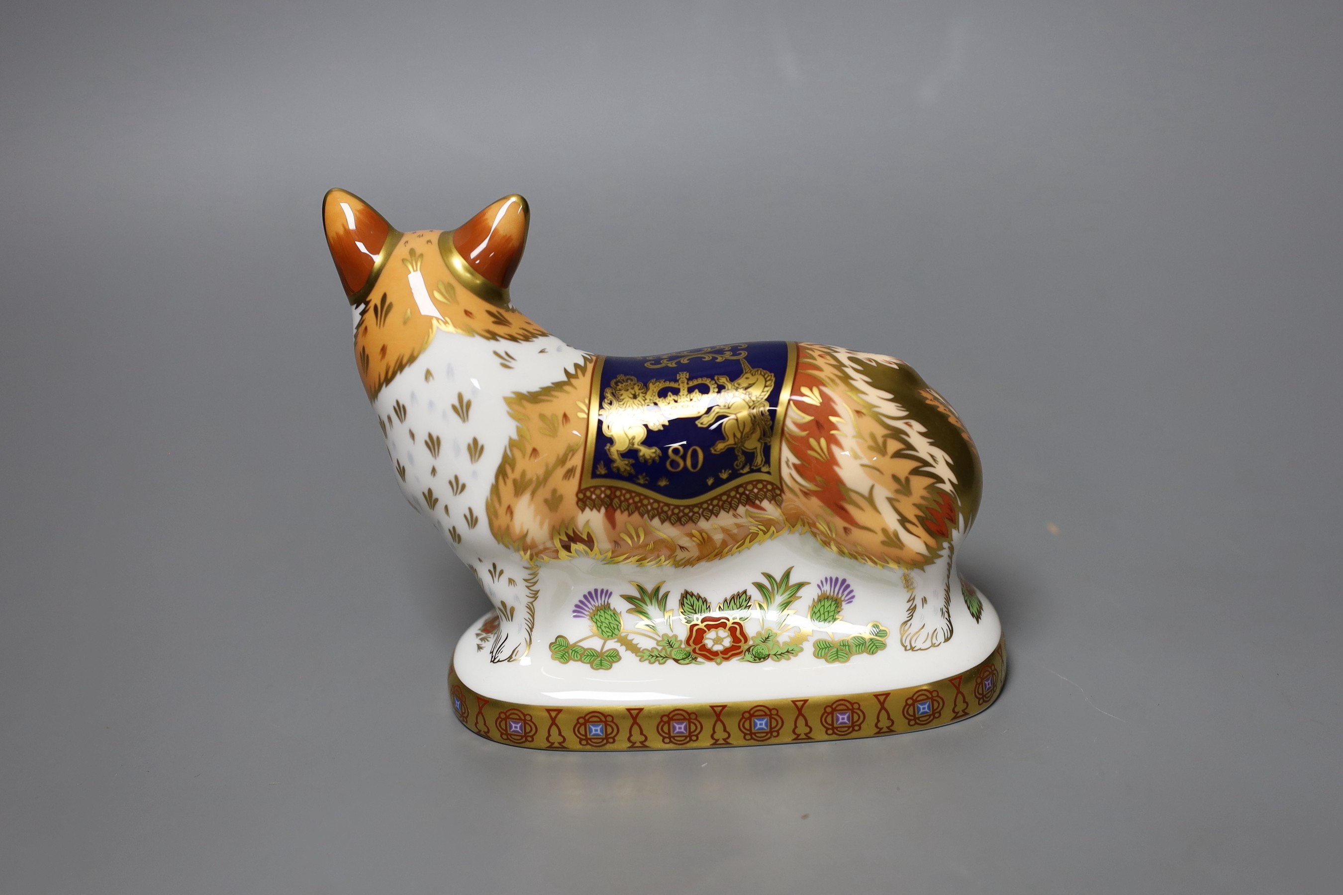 A Royal Crown Derby paperweight - Royal Windsor Corgi, gold stopper, boxed with certificate